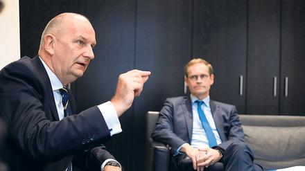 Ministerpräsident Dietmar Woidke und Bürgermeister Michael Müller (beide SPD) , Regierungschefs von Brandenburg und Berlin im Tagesspiegel-Doppelinterview.