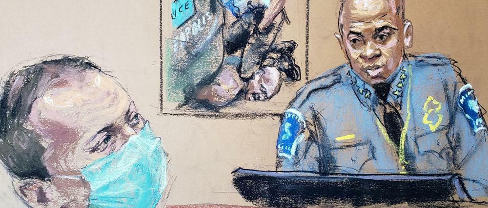 Polizeichef Medaria Arradondo und wie ihn der Zeichner im Gericht sieht.