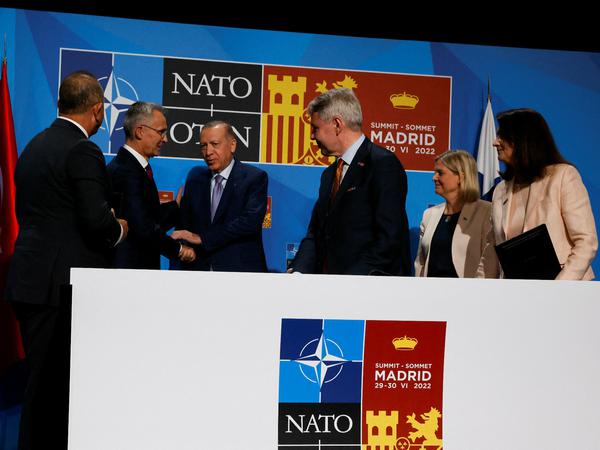 Der türkische Präsident geht bei einem Treffen in Madrid auf den Nato-Generalsekretär zu. 