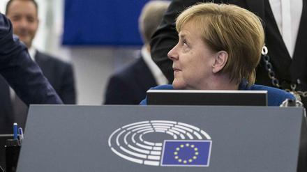 Angela Merkel am Dienstag bei ihrer Rede vor dem Europäischen Parlament in Straßburg.