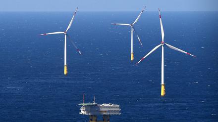 Ein Umspannwerk und Windräder stehen in der Nordsee. 2035 soll es in Deutschland fast ausschließlich Ökostrom geben. 
