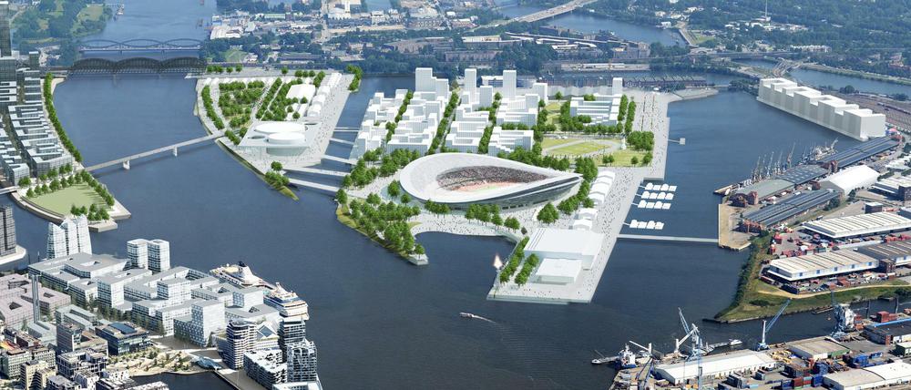 Die undatierte Visualisierung zeigt das geplante Olympiastadion auf dem Kleinen Grasbrook für die Olympischen Spiele 2024 in Hamburg. 