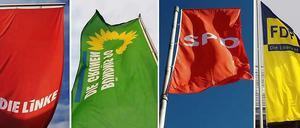 Flaggen der im Bundestag vertretenen Parteien Linke, Grüne, SPD, FDP und CDU