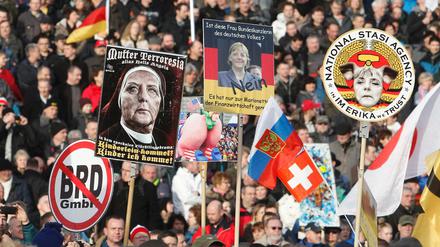 Pegida-Demonstranten haben sich am Samstagnachmittag am Königsufer in Dresden versammelt.