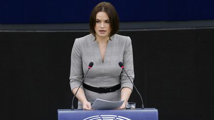 Swetlana Tichanowskaja, belarussische Oppositionspolitikerin, vor dem Europäischen Parlament