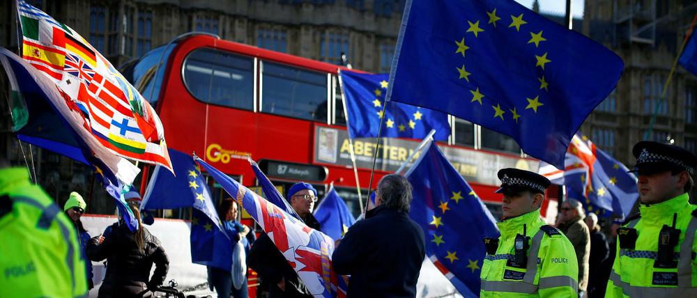 Halten die EU-Fahne hoch: Demonstranten protestieren vor dem britischen Parlament gegen den Brexit. 