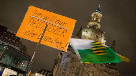 Anhänger der islamfeindlichen Pegida-Bewegung demonstrieren am 15.02.2016 mit einem Schild "Ich will nur Deutscher unter Deutschen sein!" vor der Frauenkirche in Dresden. Ein Teil der Bewegung hat sich am Samstag mit anderen Islamgegnern zusammengeschlossen und Grenzübergänge zwischen Deutschland und Tschechien blockiert. 