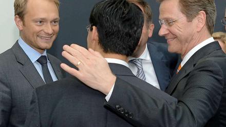 Wer wird denn nun der Nachfolger von dem Mann rechts? Generalsekretär Christian Lindner (links), Gesundheitsminister Philipp Rösler (Rückansicht), der verdeckte Unbekannte oder jemand ganz Anderes? Die FDP hält sich noch bedeckt.