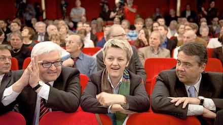 Guter Dinge: Der Fraktionsvorsitzende der SPD im Bundestag, Frank-Walter Steinmeier, die Fraktionsvorsitzende der Grünen, Renate Künast, und der SPD-Bundesvorsitzende Sigmar Gabriel.