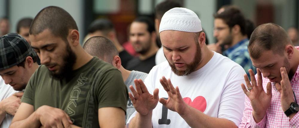 Anhänger des radikal-islamischen Predigers Pierre Vogel bei einer Demonstration in der Innenstadt von Frankfurt am Main.