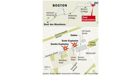 Die Grafik zeigt die Orte, an denen die Bombem beim Boston-Marathon explodierten.