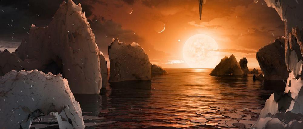 So künstlerisch wirbt die Nasa für ihre neueste Entdeckung, den Exoplaneten Trappist-1f in unserer kosmischen Nachbarschaft.