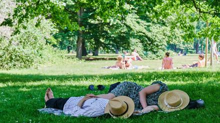 Zwei Menschen liegen mit Strohhut über dem Gesicht im Schatten eines Baumes im Tiergarten.