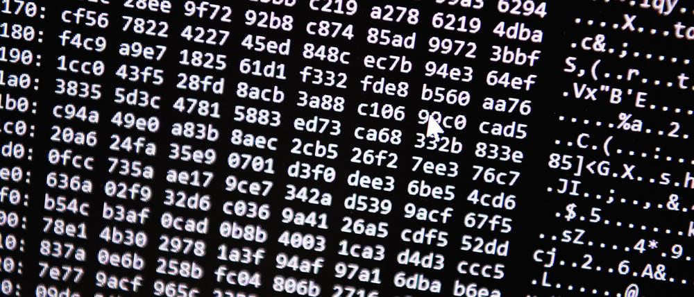 Ein Zahlencode läuft in der Zentralstelle Cybercrime Bayern (ZCB) über einen Bildschirm.