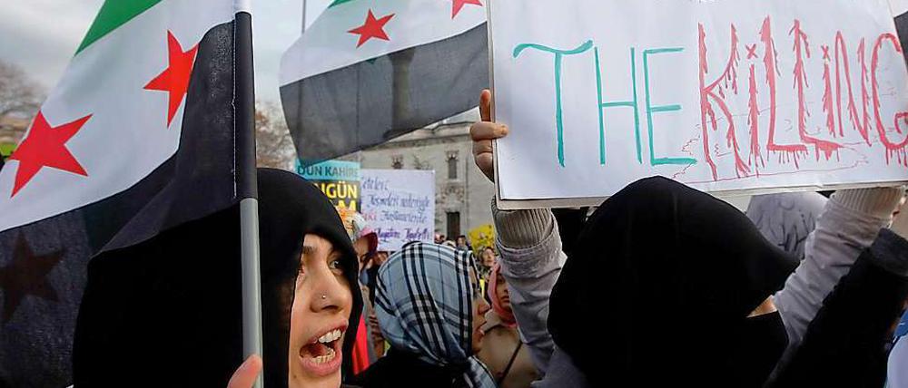 Bei einer Demonstration in der Türkei demonstrieren Exil-Syrer gegen Assad.