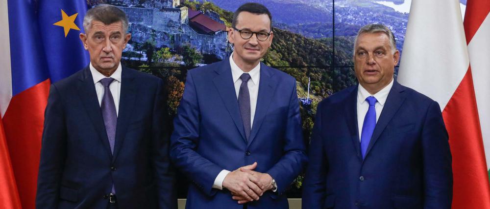 Die Regierungschefs der Visegrad-Staaten lehnen den EU-Vorschlag zur Asylreform ab: Tschechiens Andrej Babis (v.l.), Polens Mateusz Morawiecki and Ungarns Viktor Orban.