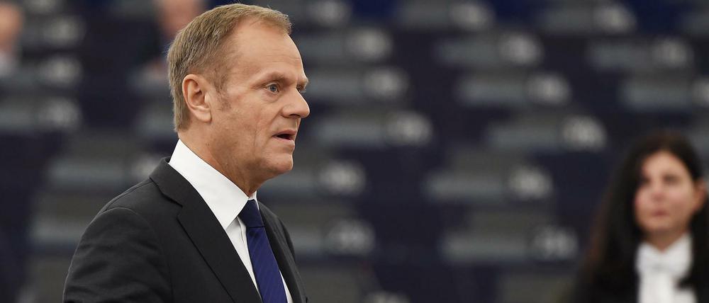 European Council President Donald Tusk speaks during a debate at the European Parliament in Strasbourg, eastern France, on January 16, 2018. / AFP PHOTO / FREDERICK FLORIN