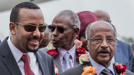 Äthiopiens Premierminister Abiy Ahmed begrüßt Eritreas Außenminister Osman Saleh Mohammed am Flughafen von Addis Abeba.