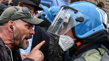 Konfrontation in Rom: Ein Demonstrant und ein Polizist bei einem Protest von Unternehmern 