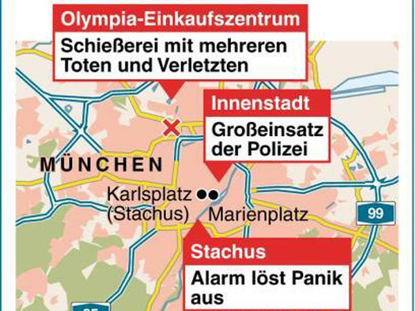Karte von München mit Lage des Olympia-Einkaufszentrums und des Stachus, Nr. 24469, Hochformat 60 x 75 mm, Grafik: C. Goldammer, Redaktion: A. Eickelkamp