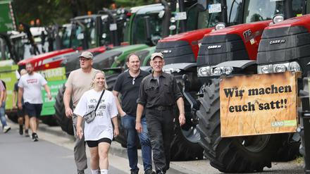 Bauern laufen am Montag an Traktoren entlang zum Bonner Dienstsitz des Landwirtschaftsministeriums.