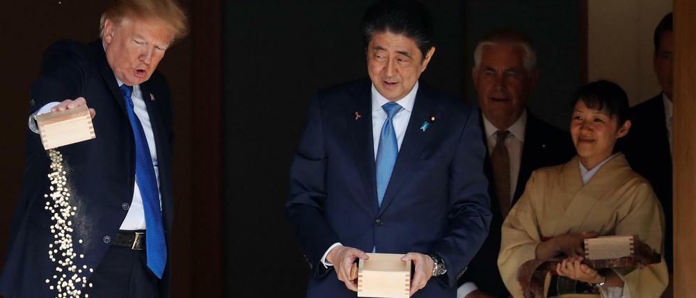 Eat this: US-Präsident Donald Trump schüttet Fischfutter über Koi-Karpfen aus - zuvor hatte es ihm Japans Premierminister vorgemacht. 