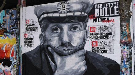 „Der letzte Bulle“: Ein Graffiti auf einer Wand in Tübingen zeigt Boris Palmer als resoluten Politiker.
