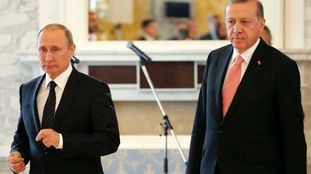 Der russische Präsident Wladimir Putin und der türkische Präsident Recep Tayyip Erdogan demonstrierten am Dienstag Einigkeit - erzielt haben sie sie noch nicht. 