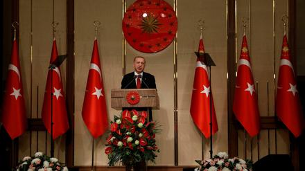 Zwischen türkischen Flaggen: Präsident Recep Tayyip Erdogan im Präsidentenpalast von Ankara. 