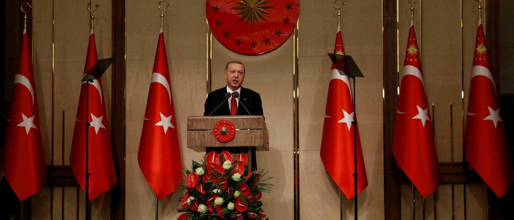 Zwischen türkischen Flaggen: Präsident Recep Tayyip Erdogan im Präsidentenpalast von Ankara. 