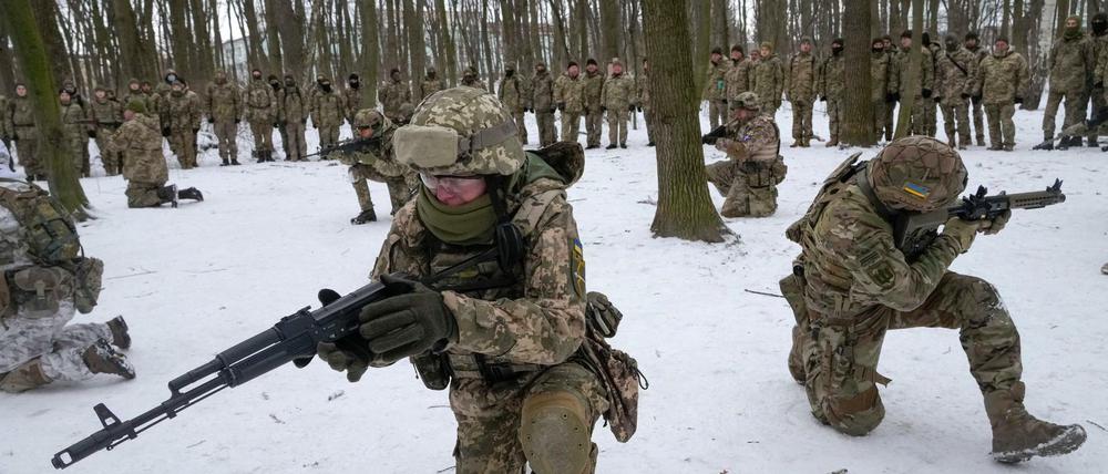 Soldaten der ukrainischen Territorialen Verteidigungskräfte nehmen an einer Militärübung teil. 