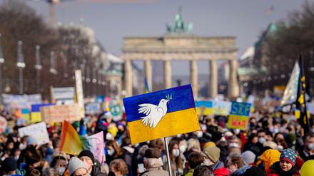 Demonstranten gegen Putin vor dem Brandenburger Tor in Berlin