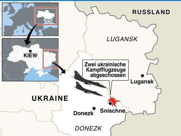 Die Grafik zeigt, wo die zwei ukrainischen Kampfjets abgeschossen wurden. 