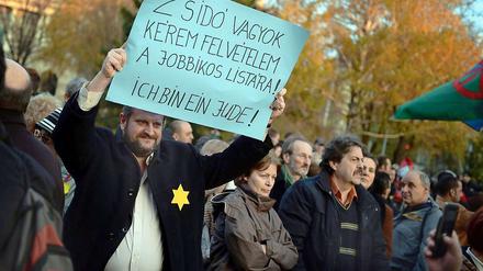 Ungarische Demonstranten vor dem Parlament in Budapest