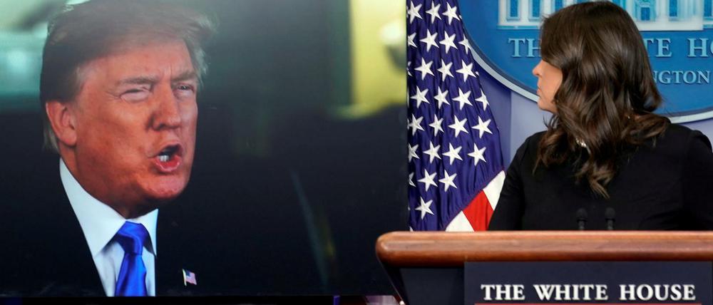 Videobotschaft des US-Präsidenten bei einer Pressekonferenz mit Sprecherin Sarah Huckabee Sanders.