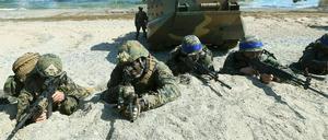 Soldaten aus den USA und Südkorea (blaue Stirnbänder) nehmen an einer Militärübung teil. 