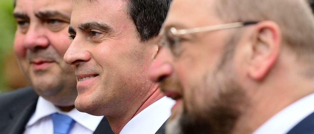 Begegnung in Berlin. SPD-Chef Gabriel, Frankreichs neuer Regierungschef Valls und der Spitzenkandidat der Sozialdemokraten für die Europawahl, Schulz (v.l.n.r).