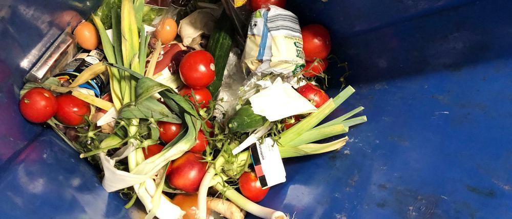 Weggeworfene Lebensmittel liegen in einer Mülltonne.