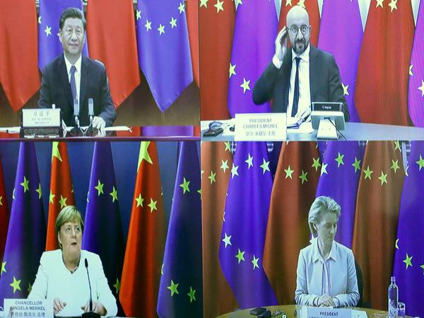 Die EU wirkt oft wie "lost in translation" und reagiert nur langsam auf Konflikte. Chinas Präsident Xi (oben links) und weiter im Uhrzeigersinn Charles Michel, Präsident des Europäischen Rates, EU-Kommissionspräsidentin Ursula von der Leyen und Bundeskanzlerin Angela Merkel. 
