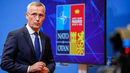 Jens Stoltenberg, Nato-Generalsekretär, nimmt an einer Pressekonferenz über Themen des Nato-Gipfels in Madrid teil.