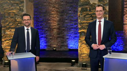 SPD-Spitzenkandidat Thomas Kutschaty und NRW-Ministerpräsident Hendrik Wüst beim einzigen TV-Duell