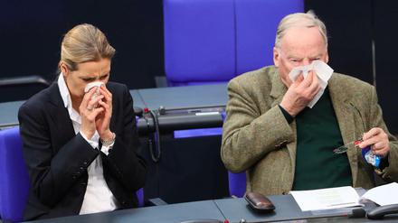Zum Heulen? Die AfD-Fraktionsvorsitzenden Alice Weidel und Alexander Gauland schnäuzen sich nach Merkels Vereidigung.
