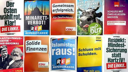 Die Wahlplakate verschiedener Parteien für die Bundestagswahl im September.