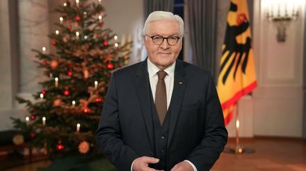 Bundespräsident Frank-Walter Steinmeier vor dem Weihnachtsbaum im Schloss Bellevue