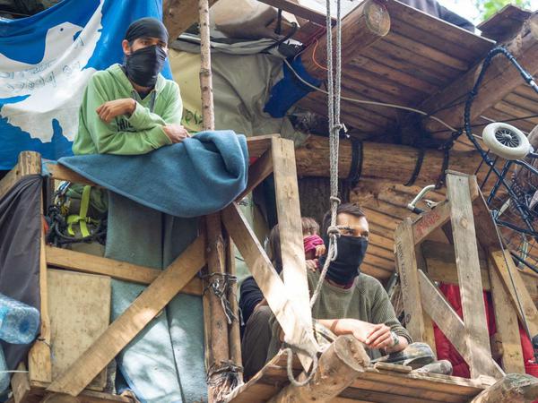 Aktivisten verfolgen die Räumungsaktion vom Dach eines Baumhauses. 