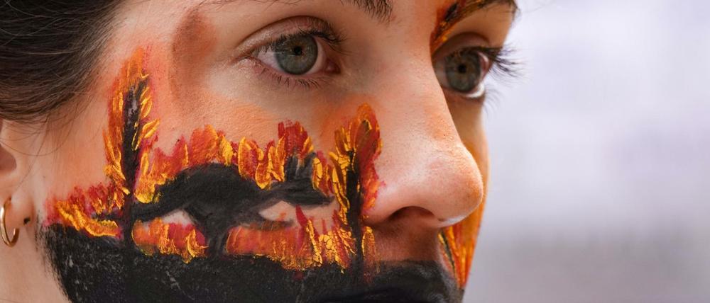  Argentinien, Buenos Aires: Eine Demonstrantin mit einem Bild im Gesicht, das ein Känguru zeigt, das vor dem Feuer wegläuft.