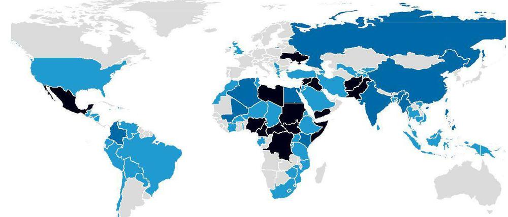 Auf der nach Staaten aufgeteilten Karte wird vor allem das Ausmaß der Gewalt in Zentralafrika sichtbar. Aber auch Länder wie Mexiko, in den Köpfen der meisten Menschen nicht unbedingt Kriegsgebiet, sind dunkelblau gefärbt.