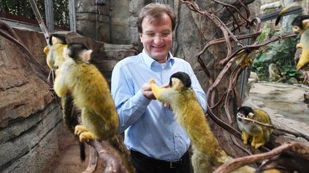 Matthias Reinschmidt, Zoodirektor von Karlsruhe, füttert 2017 im Zoo Karlsruhe im Exotenhaus Totenkopfäffchen. (Archivbild)
