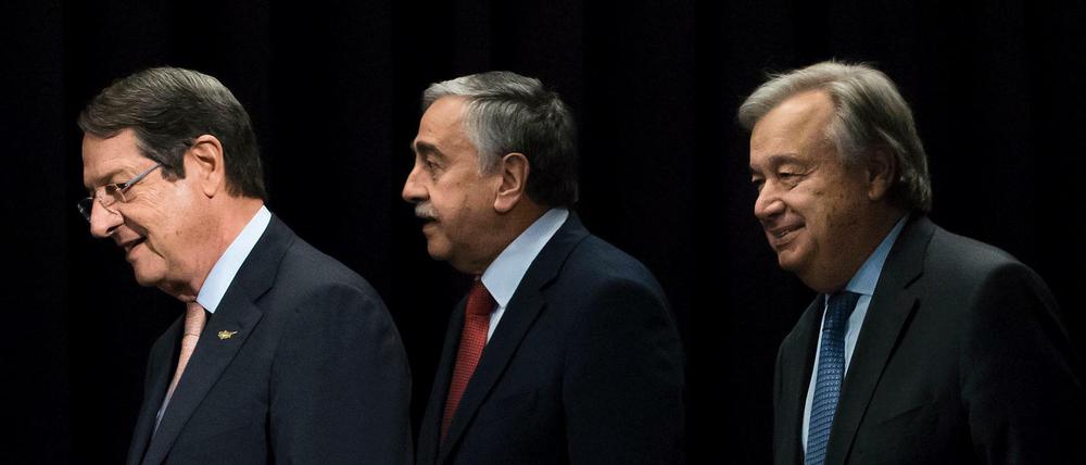 Treten auf der Stelle. Zyperns Präsident Nicos Anastasiades, der Präsident der Türkischen Republik Nordzypern, Mustafa Akinci, und UN-Generalsekretär Antonio Guterres.