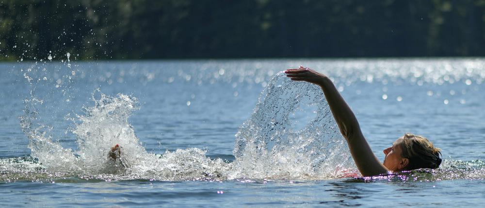 Eine Frau schwimmt im Trepliner See.